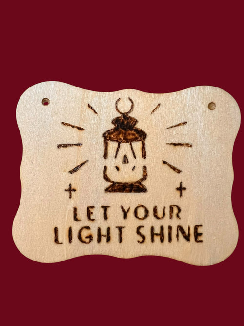The Wooden Stuff Shop & Crafts handcrafted wooden wall plaque with a hand-burned lantern design and Let Your Light Shine