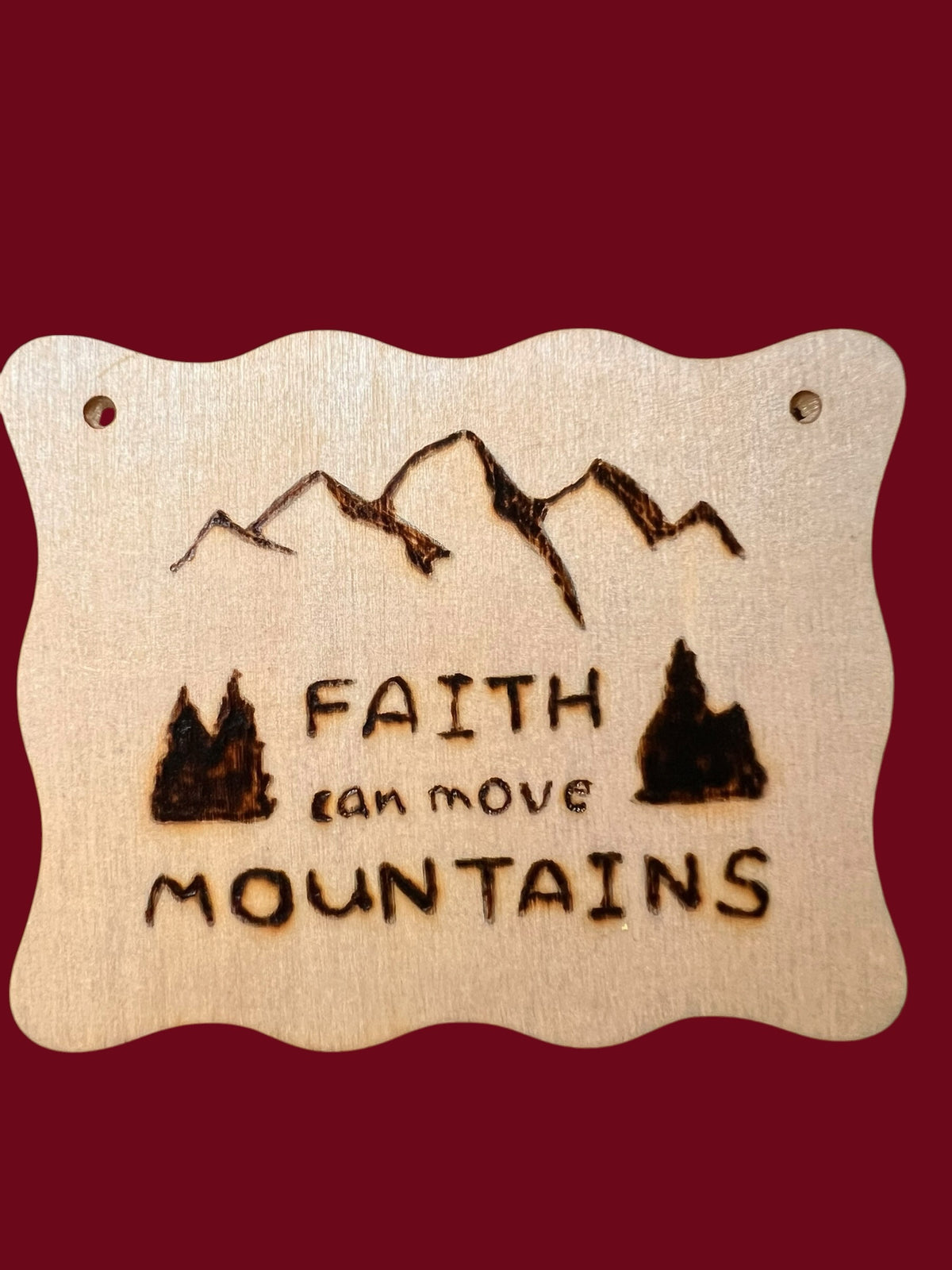 The Wooden Stuff Shop & Crafts handcrafted wooden wall plaque with a hand-burned mountain design and faith quote.